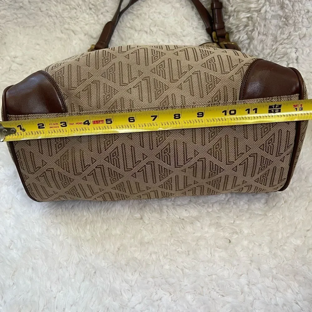 Ralph Lauren Logo Canvas khaki & brown Leather trims Hobo Bag brass hardwares.